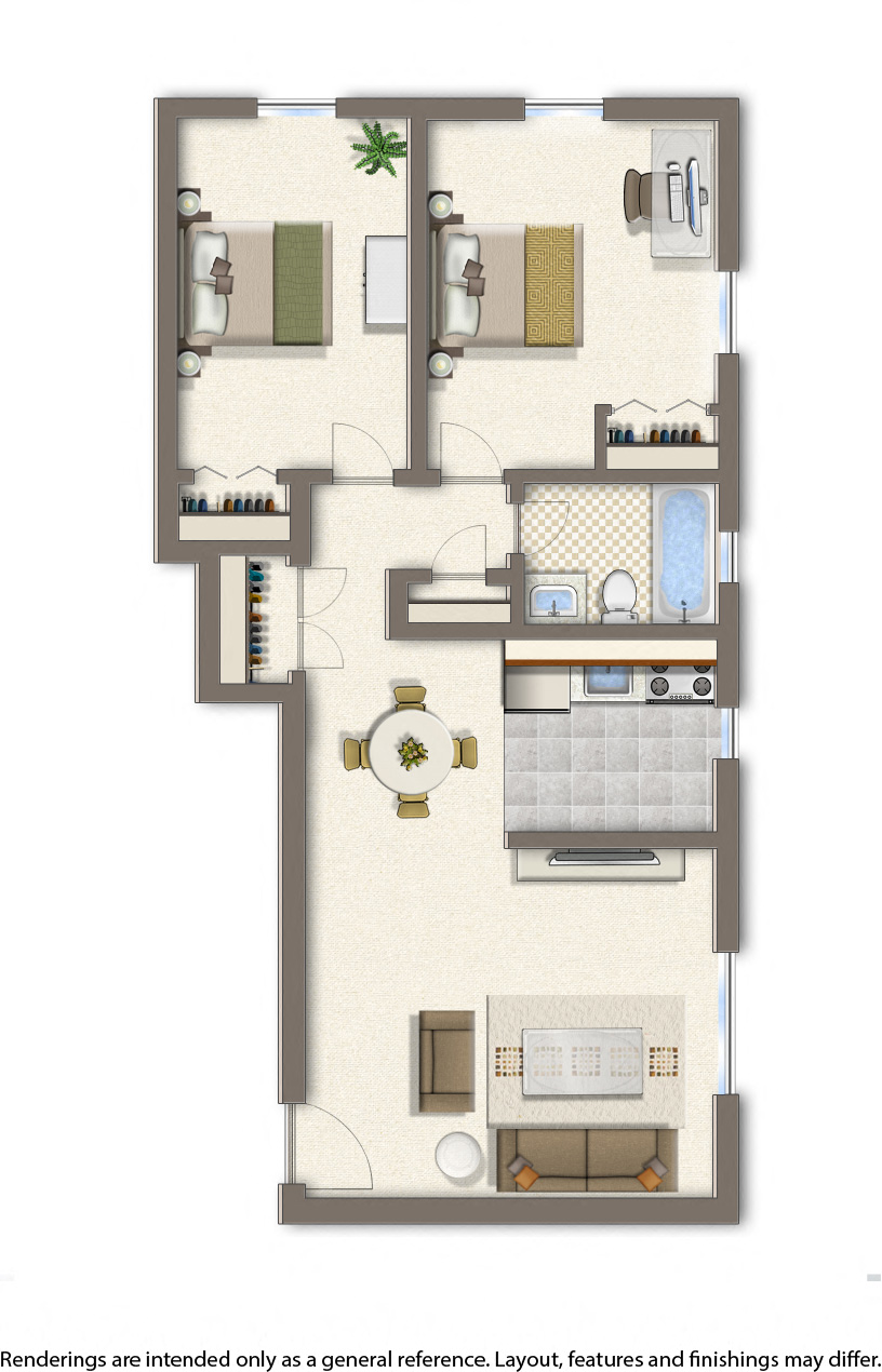 Floor plan for 2 beds, 1 bath, 650 sqft
